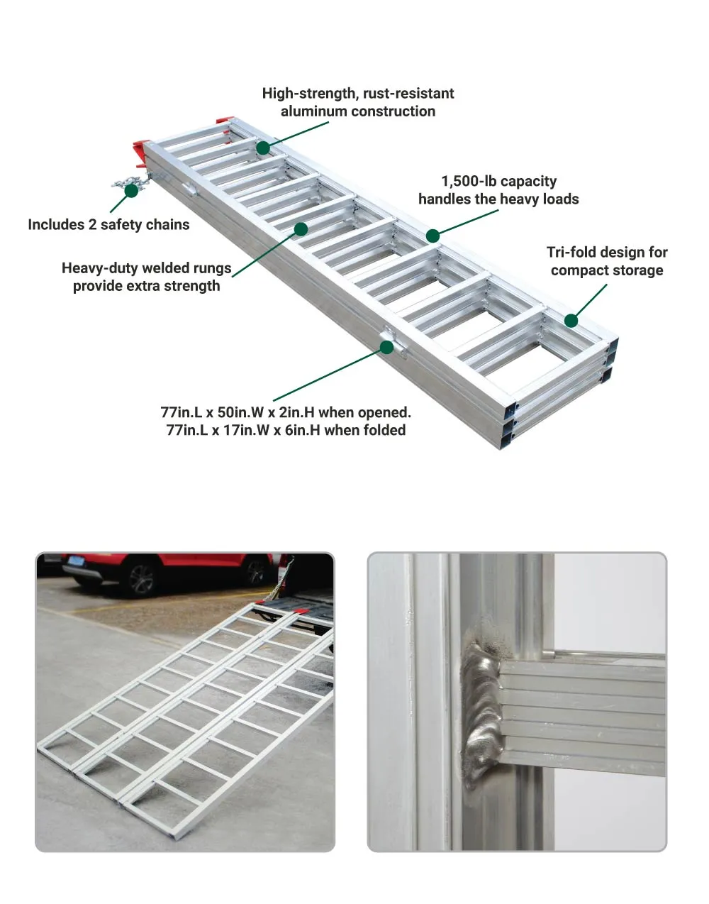 (41197.ULT) Ultra-Tow Tri-Fold Aluminum Loading Ramp | 1,500-Lb. Cap | 77-In.L X 50-In.W x 2-In.H