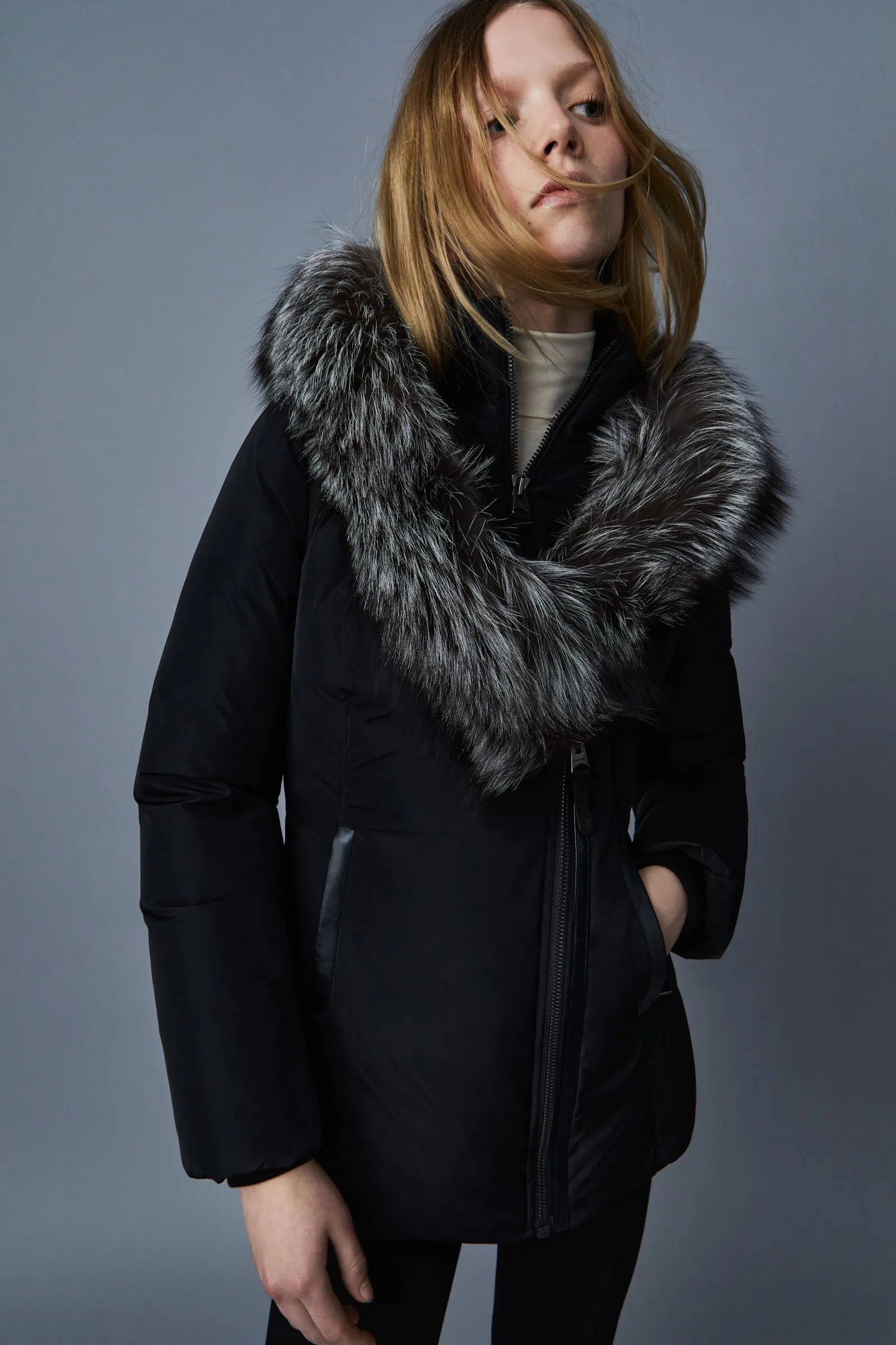 ADALI Down coat with silver fox fur Signature Mackage Collar Black