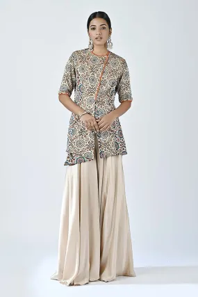 Beige Embellished Ajrakh Top and Pant Set