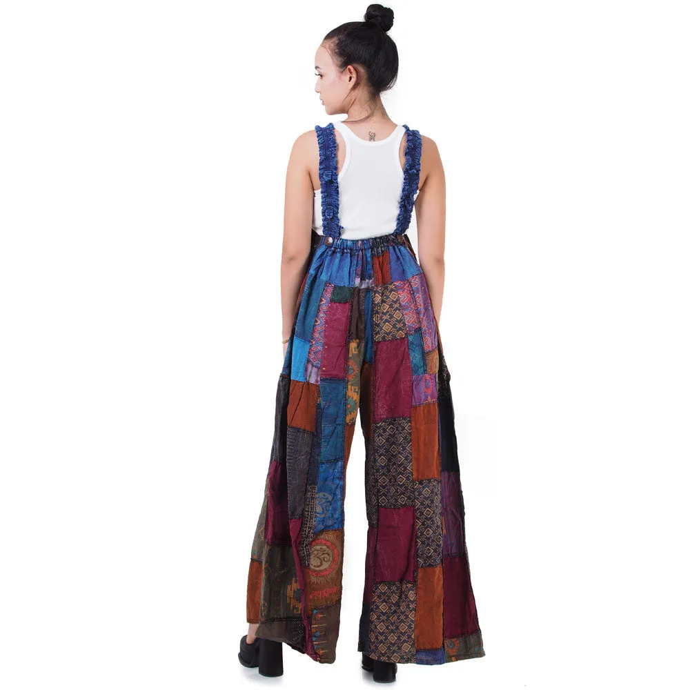 Bohemian Brown Wide-Leg Patchwork Overall Jumpsuit