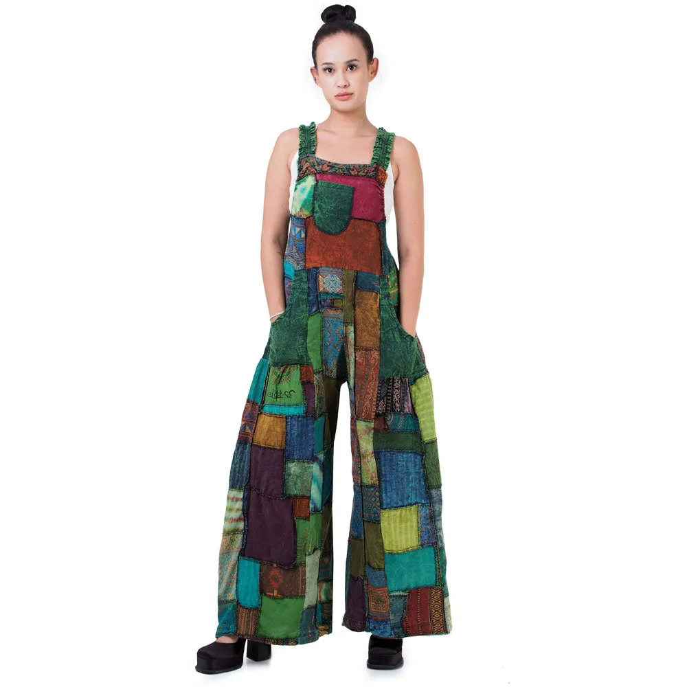 Bohemian Brown Wide-Leg Patchwork Overall Jumpsuit