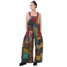 Bohemian Brown Wide-Leg Patchwork Overall Jumpsuit