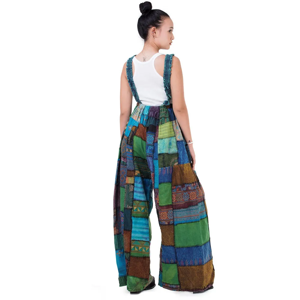Bohemian Brown Wide-Leg Patchwork Overall Jumpsuit