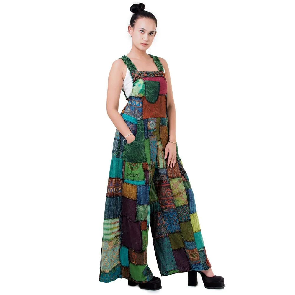 Bohemian Brown Wide-Leg Patchwork Overall Jumpsuit