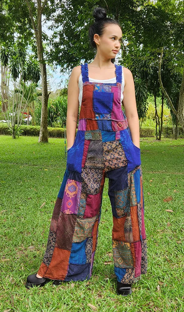 Bohemian Brown Wide-Leg Patchwork Overall Jumpsuit
