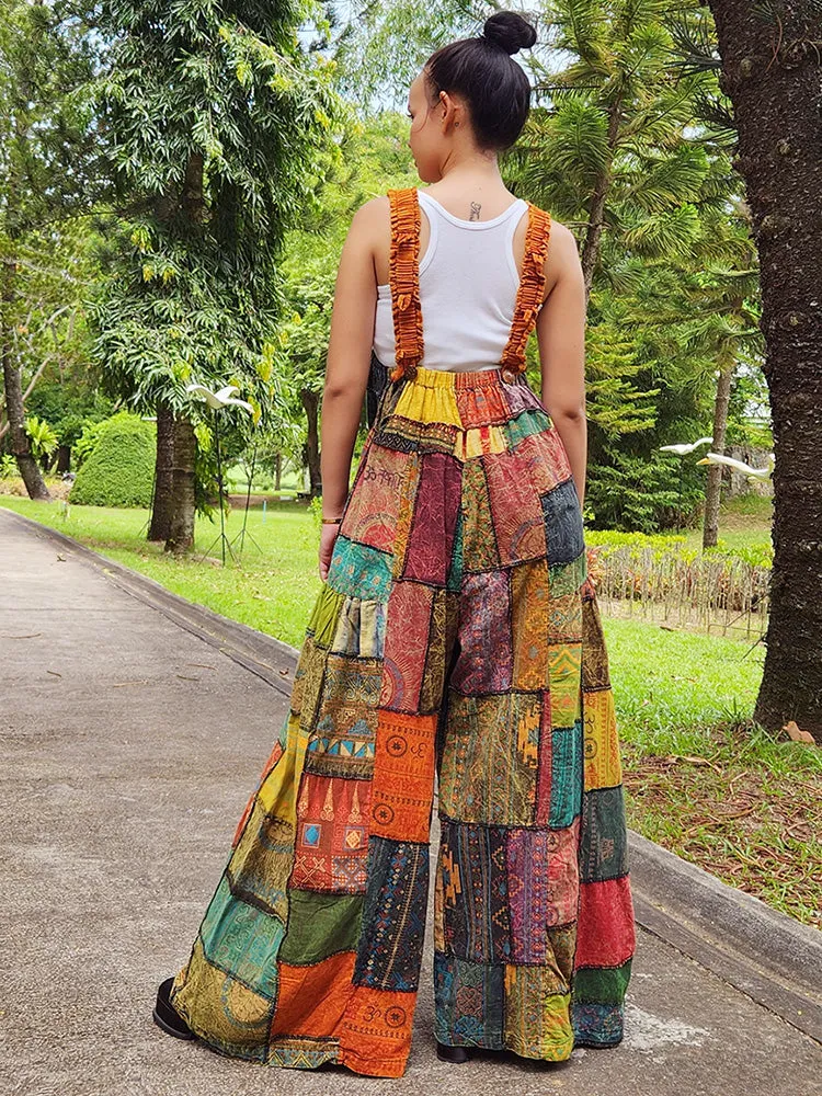 Bohemian Brown Wide-Leg Patchwork Overall Jumpsuit