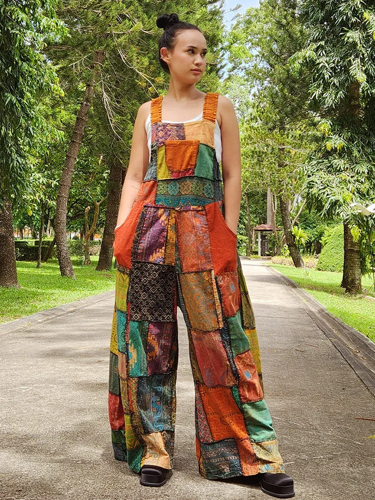 Bohemian Brown Wide-Leg Patchwork Overall Jumpsuit