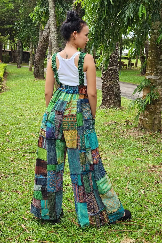 Bohemian Brown Wide-Leg Patchwork Overall Jumpsuit