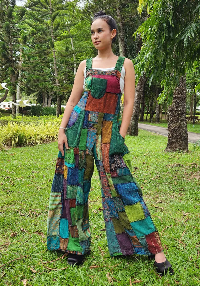 Bohemian Brown Wide-Leg Patchwork Overall Jumpsuit