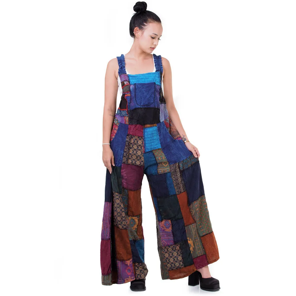 Bohemian Brown Wide-Leg Patchwork Overall Jumpsuit