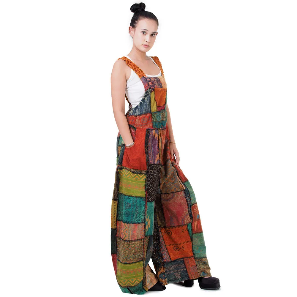 Bohemian Brown Wide-Leg Patchwork Overall Jumpsuit
