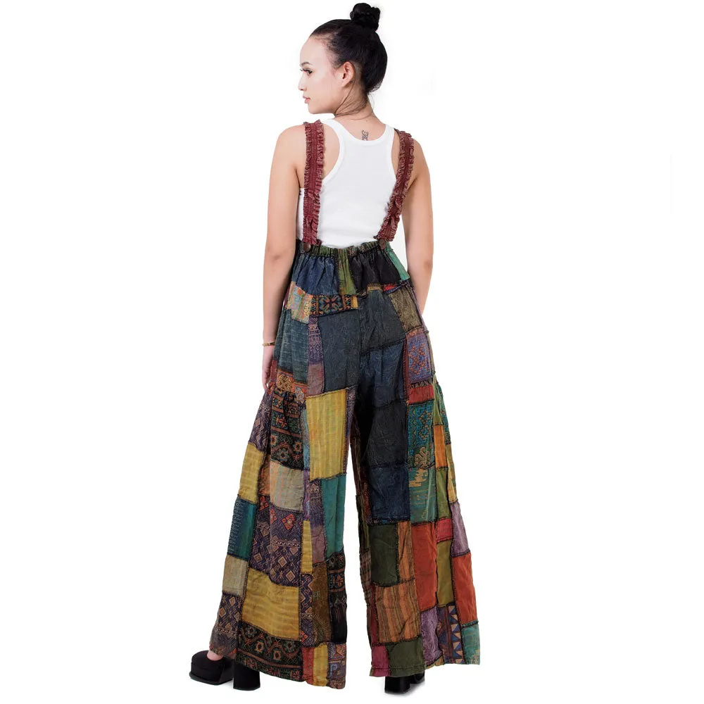 Bohemian Brown Wide-Leg Patchwork Overall Jumpsuit
