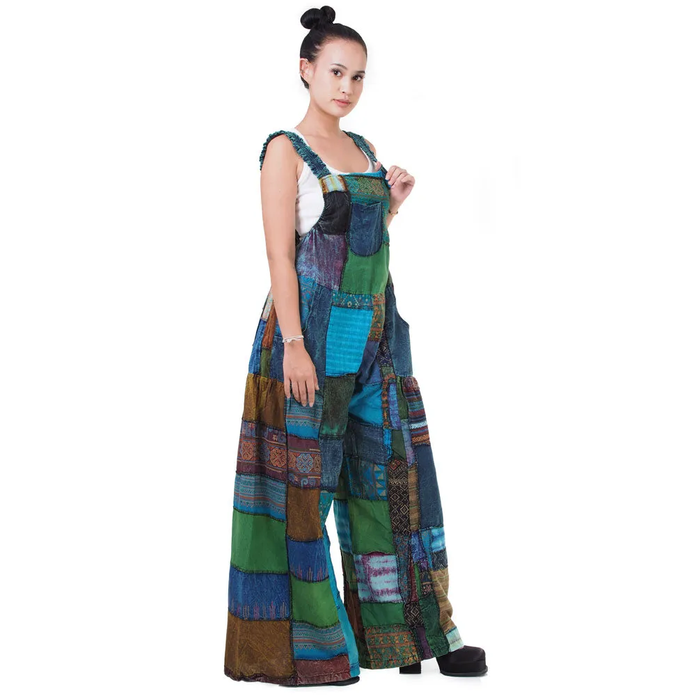 Bohemian Brown Wide-Leg Patchwork Overall Jumpsuit