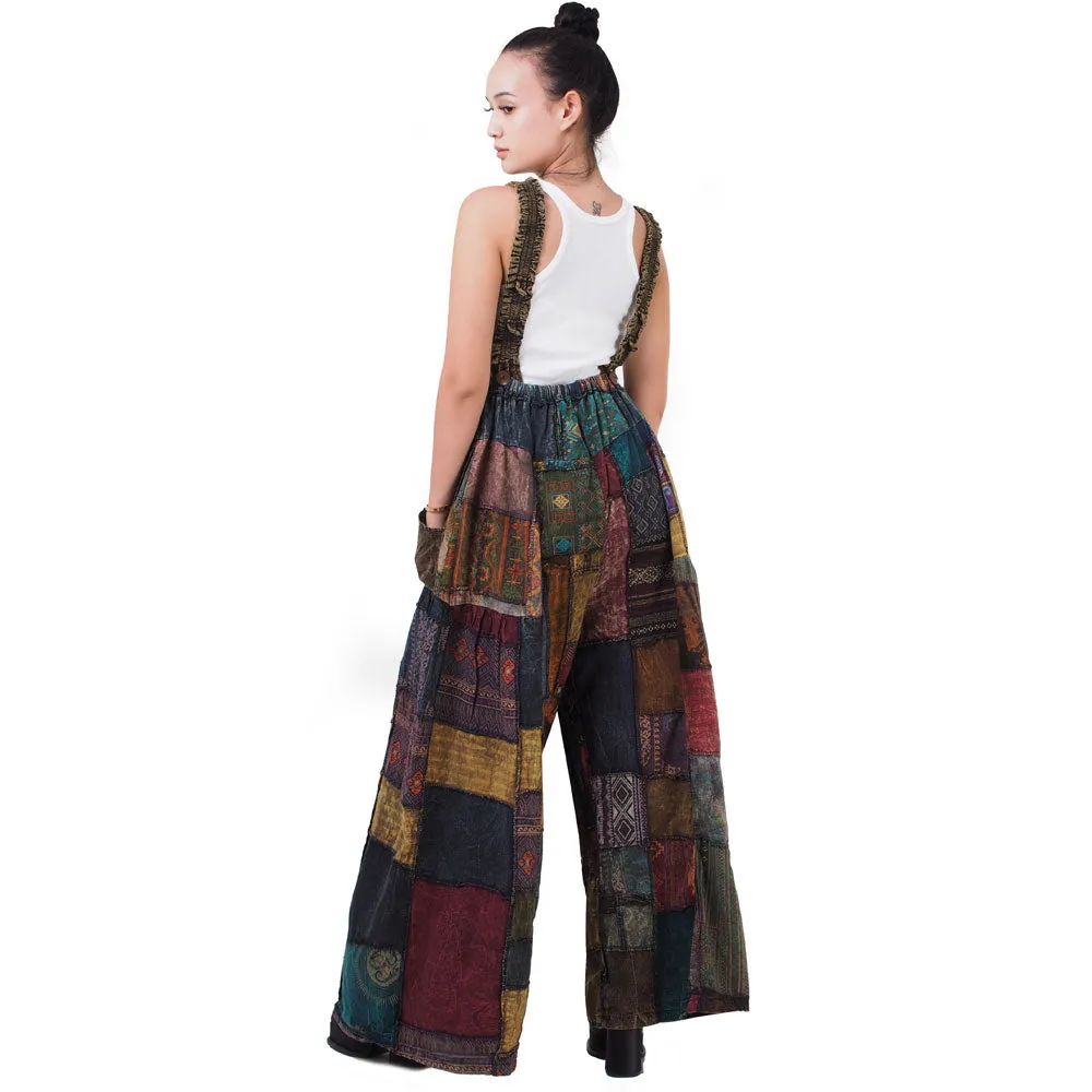 Bohemian Brown Wide-Leg Patchwork Overall Jumpsuit
