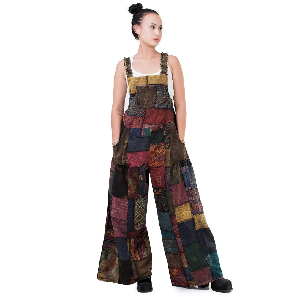 Bohemian Brown Wide-Leg Patchwork Overall Jumpsuit