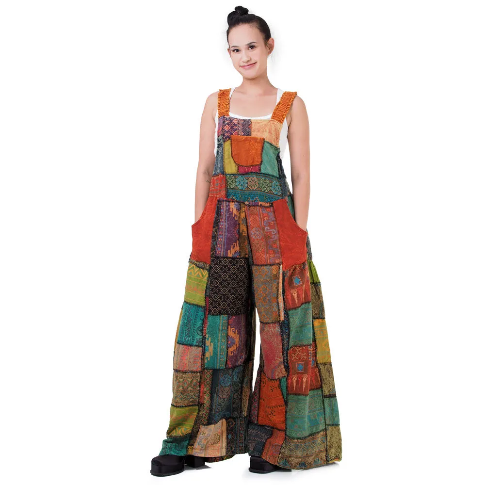 Bohemian Brown Wide-Leg Patchwork Overall Jumpsuit