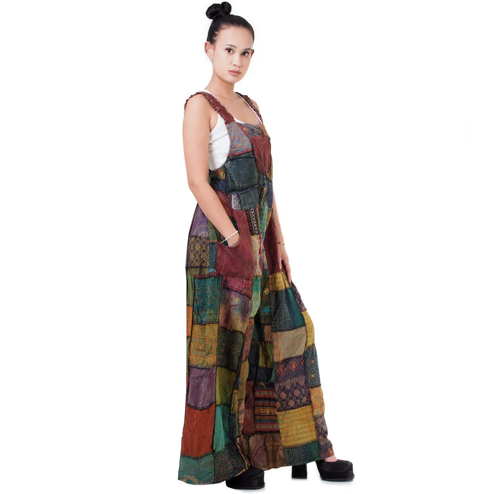 Bohemian Brown Wide-Leg Patchwork Overall Jumpsuit