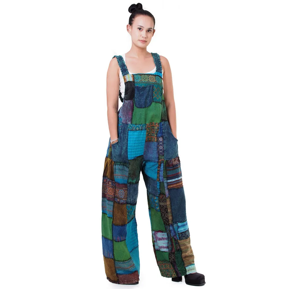 Bohemian Brown Wide-Leg Patchwork Overall Jumpsuit