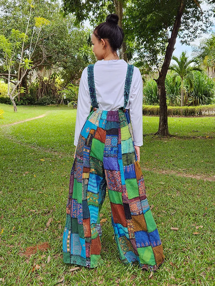 Bohemian Brown Wide-Leg Patchwork Overall Jumpsuit