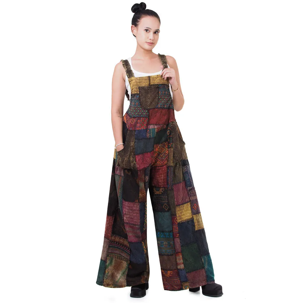 Bohemian Brown Wide-Leg Patchwork Overall Jumpsuit