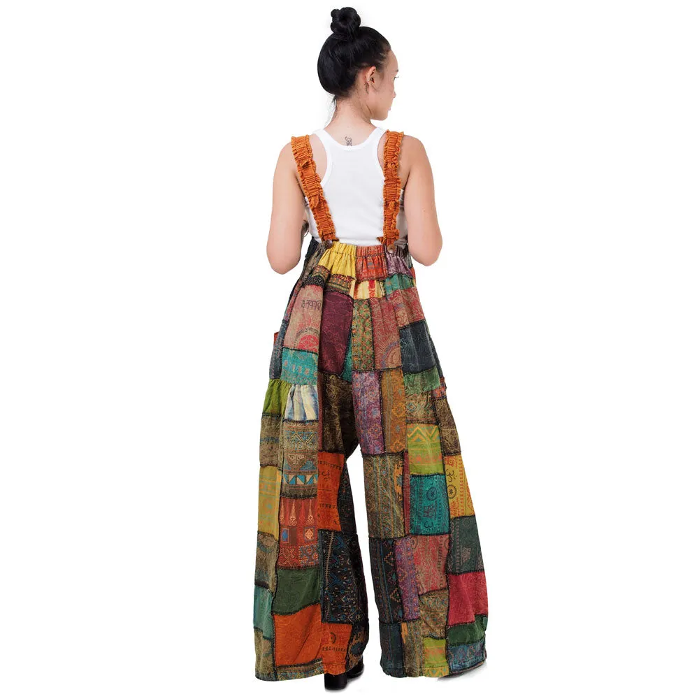 Bohemian Brown Wide-Leg Patchwork Overall Jumpsuit