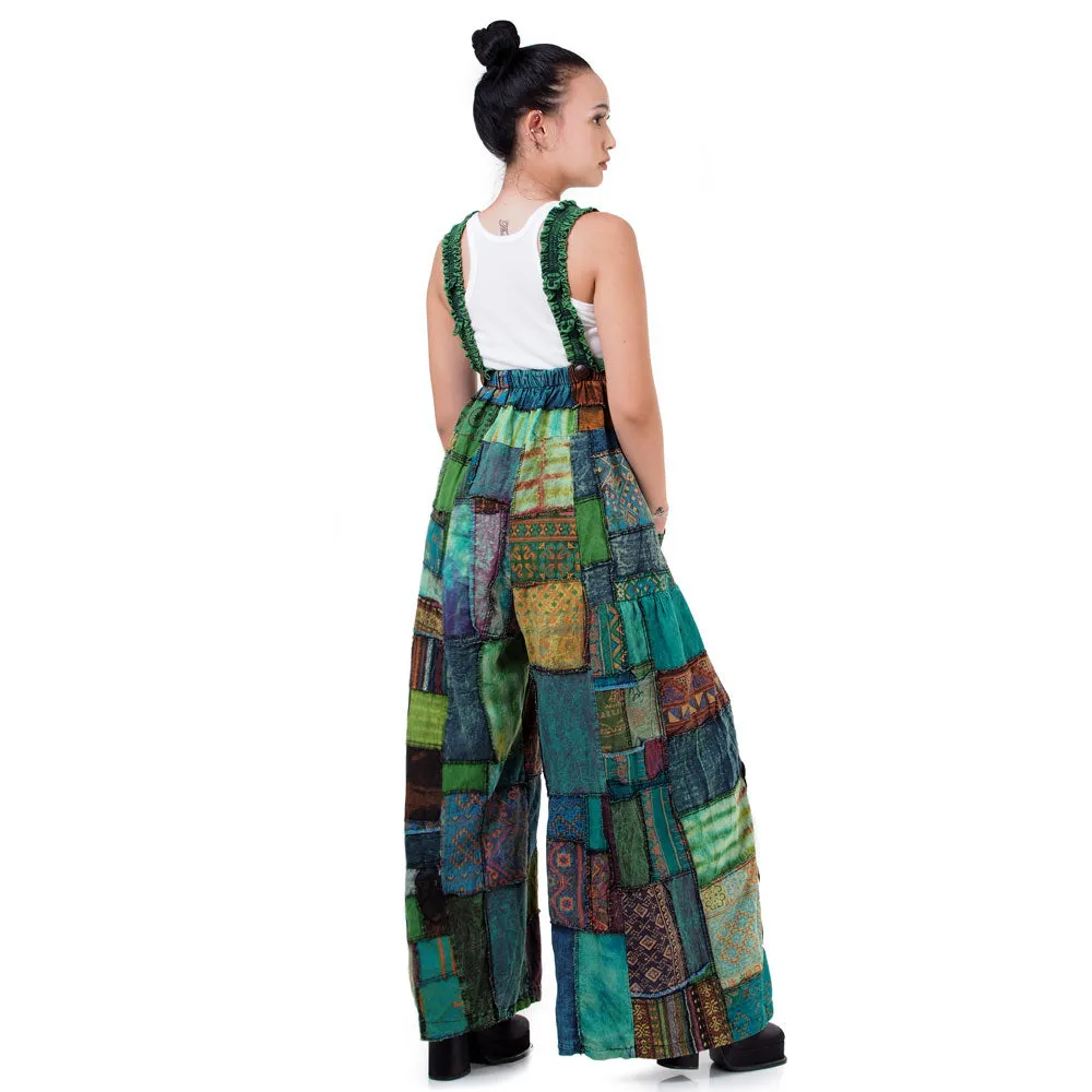 Bohemian Brown Wide-Leg Patchwork Overall Jumpsuit
