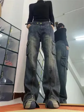 Bonnyshow Flared Wide Leg Cargo Jeans for Women Y2k Pants High Waist Vintage Baggy Jeans Oversize Trousers Split Fashion Streetwear