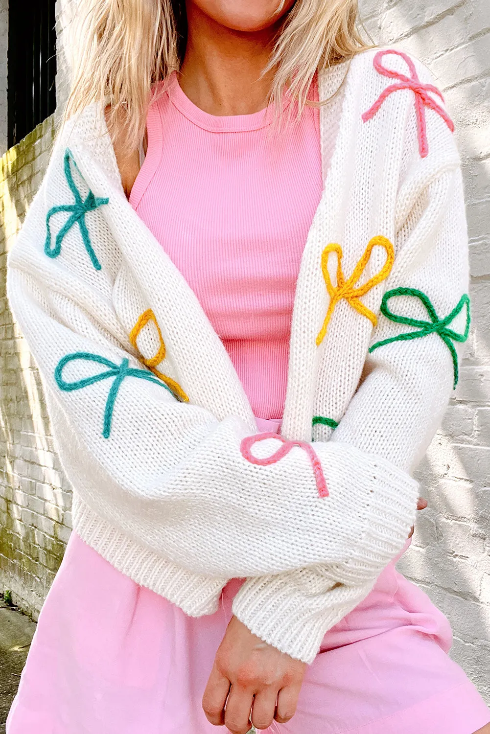 Bow Embroidered Button Front Cardigan
