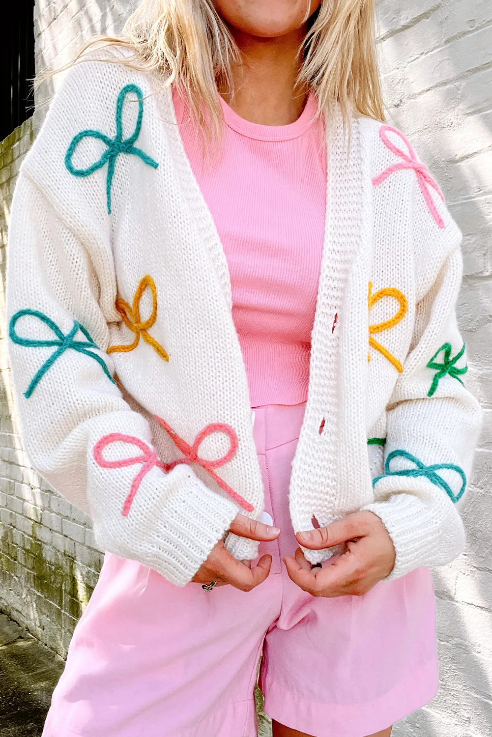 Bow Embroidered Button Front Cardigan