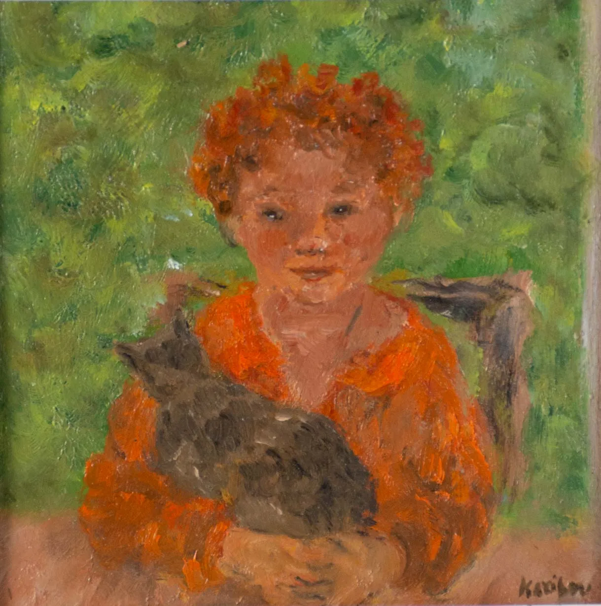 Chat et garcin au jardin 11½" x 11½"
