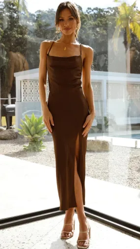 Chocolate Side Slit Slip Midi Dress