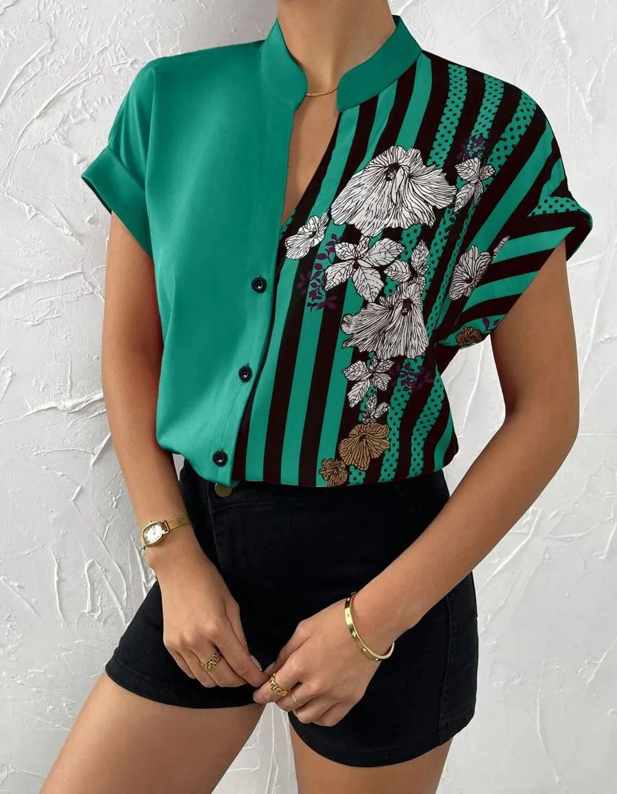Color-Block Floral Print Button Cardigan Short Sleeve Shirt