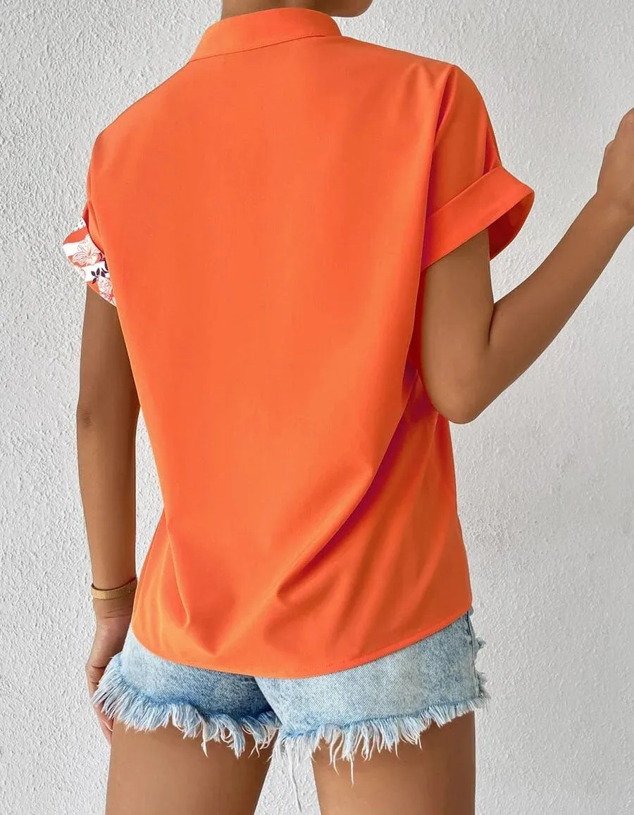 Color-Block Floral Print Button Cardigan Short Sleeve Shirt