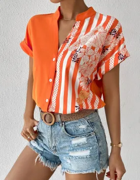 Color-Block Floral Print Button Cardigan Short Sleeve Shirt