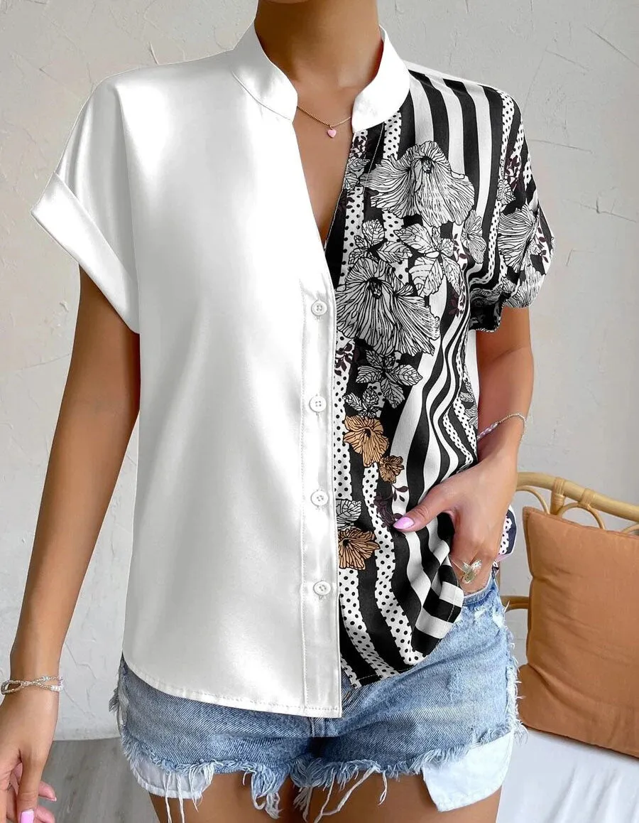 Color-Block Floral Print Button Cardigan Short Sleeve Shirt