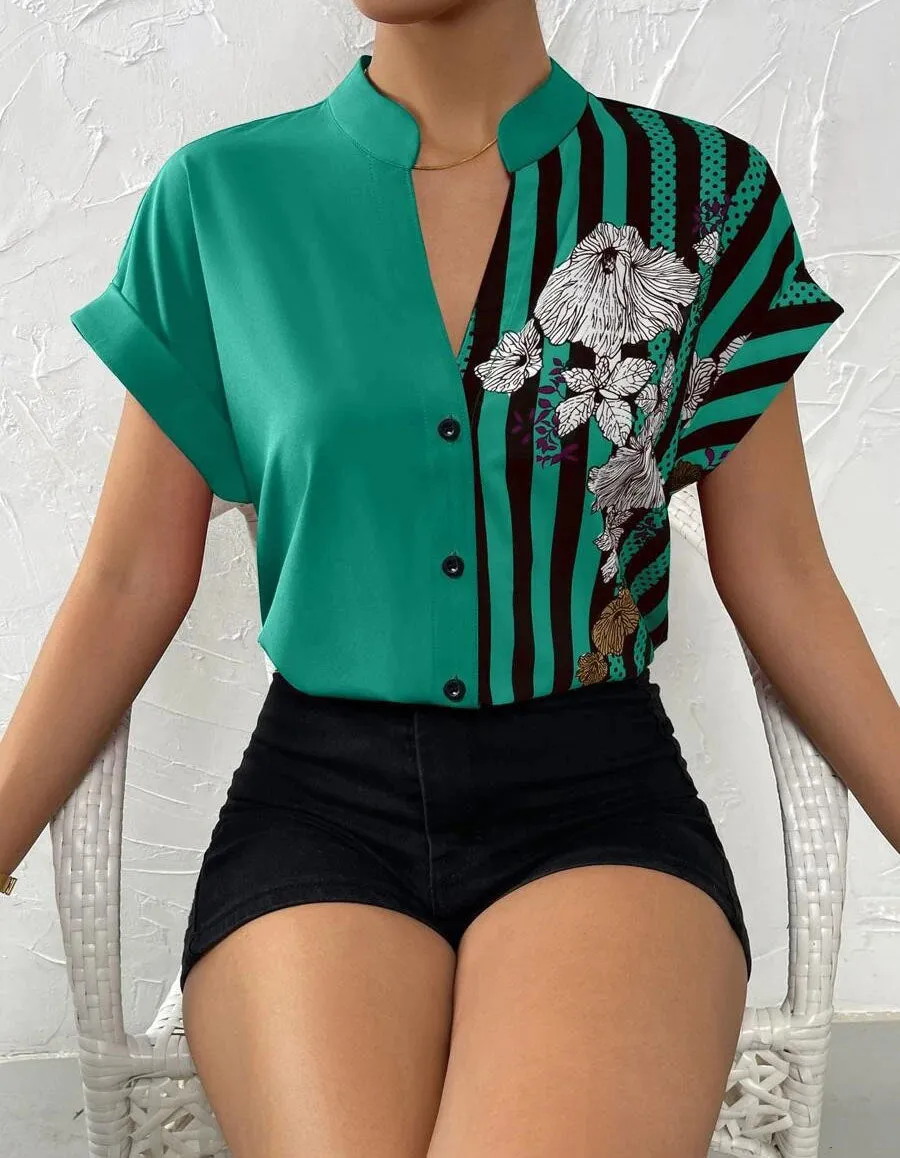 Color-Block Floral Print Button Cardigan Short Sleeve Shirt
