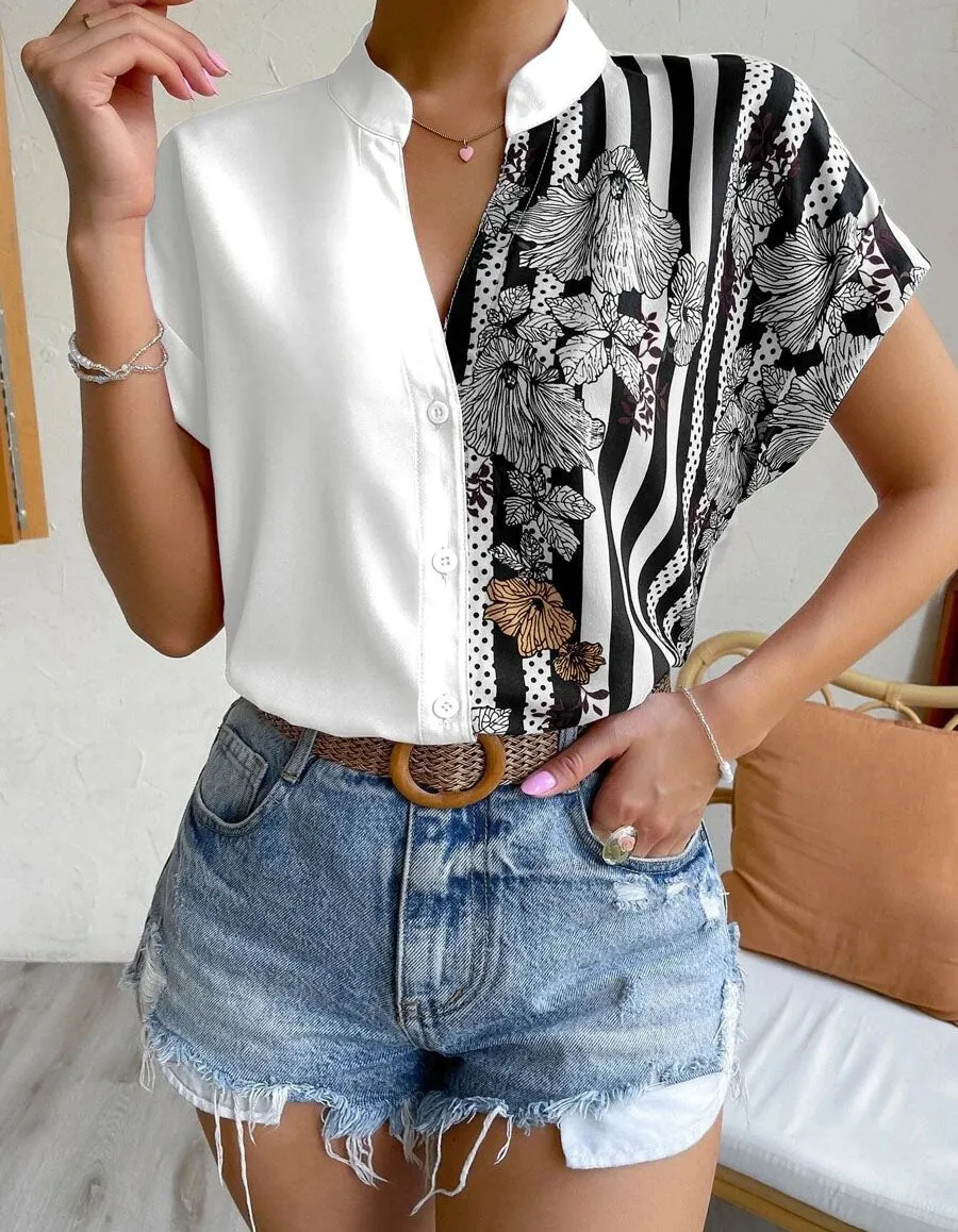 Color-Block Floral Print Button Cardigan Short Sleeve Shirt