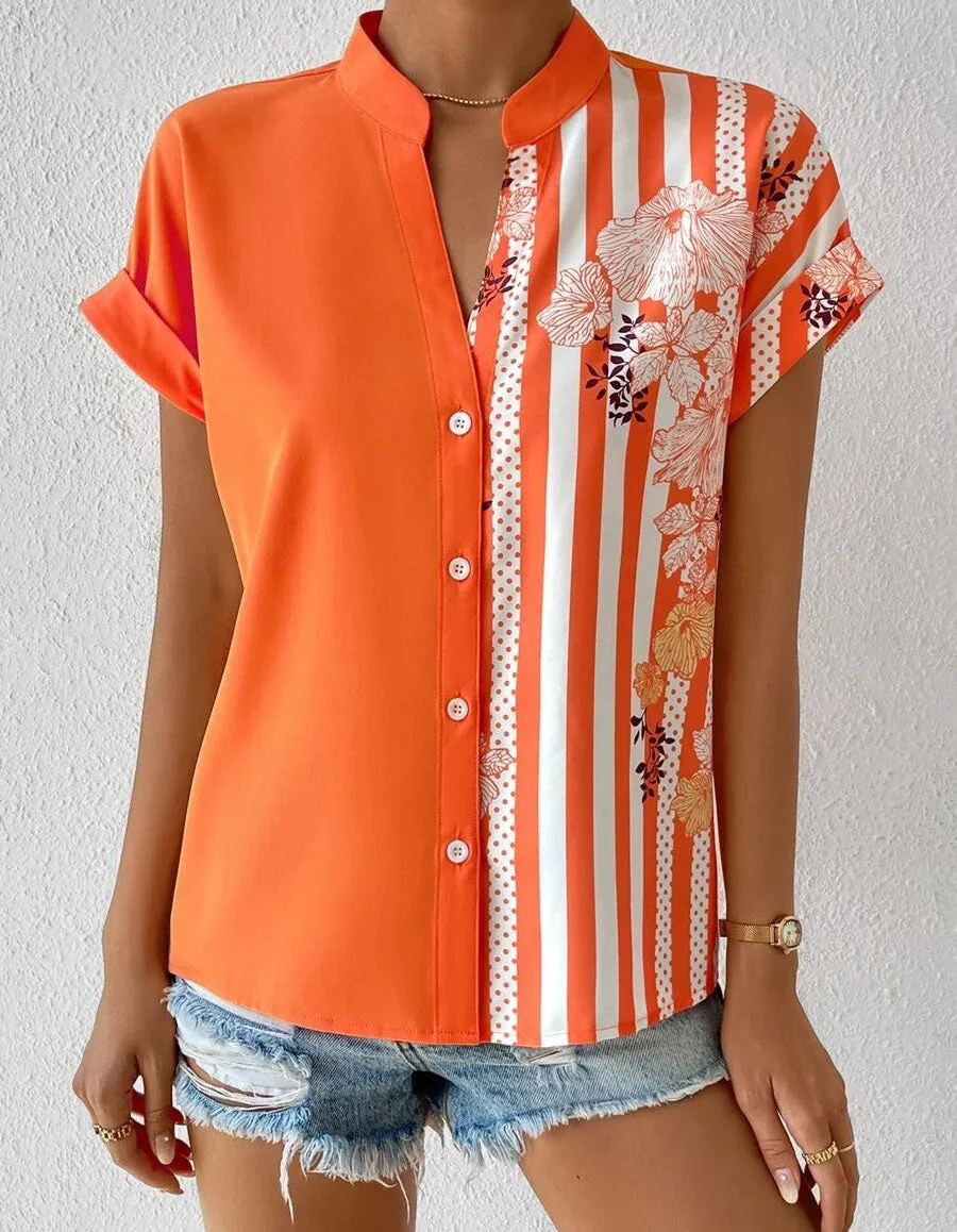 Color-Block Floral Print Button Cardigan Short Sleeve Shirt