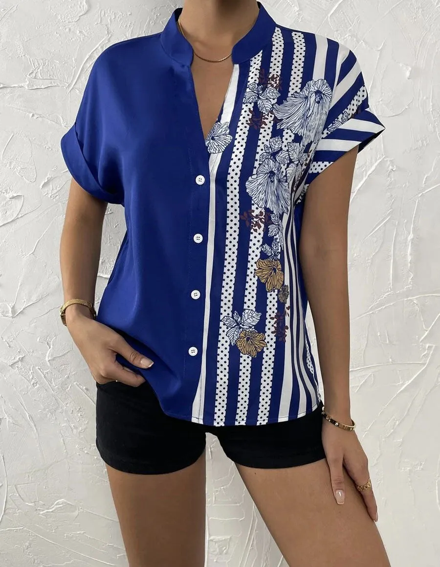 Color-Block Floral Print Button Cardigan Short Sleeve Shirt