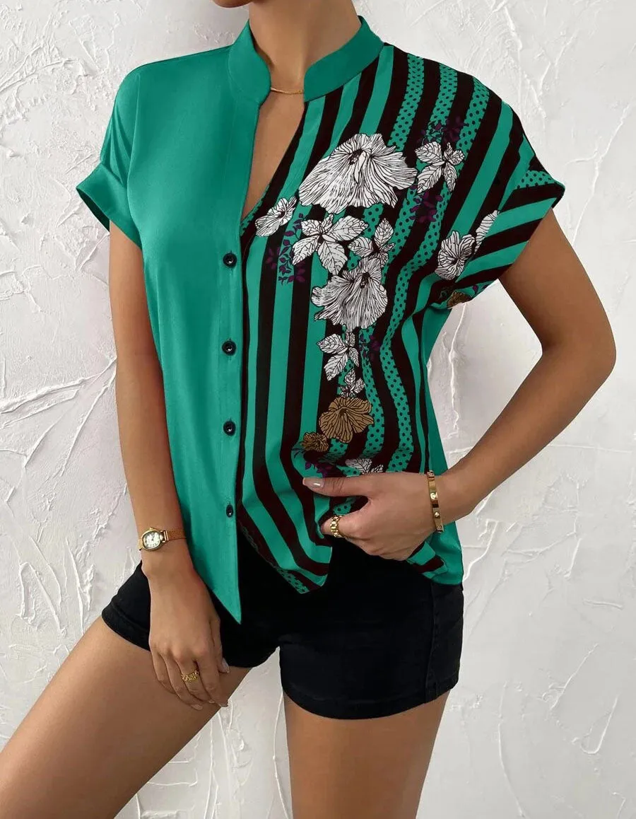 Color-Block Floral Print Button Cardigan Short Sleeve Shirt