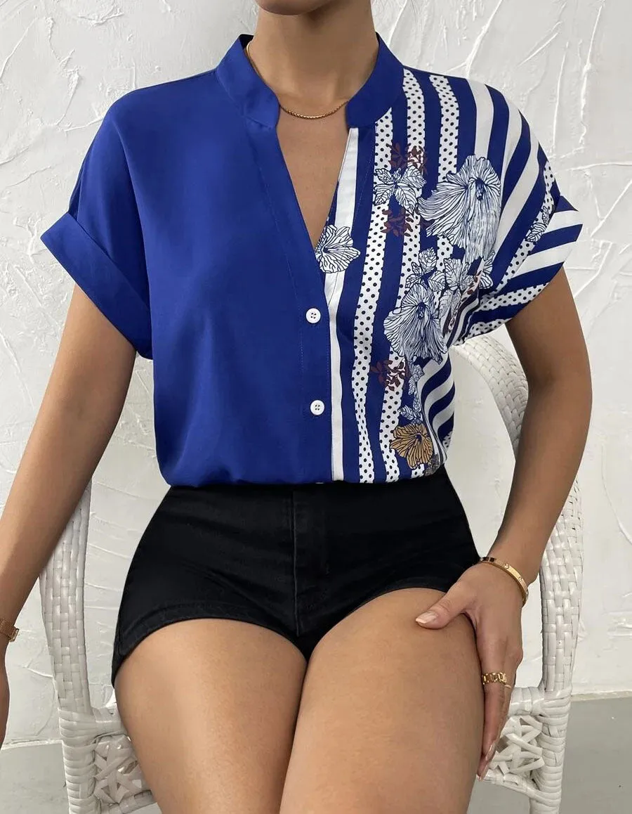 Color-Block Floral Print Button Cardigan Short Sleeve Shirt