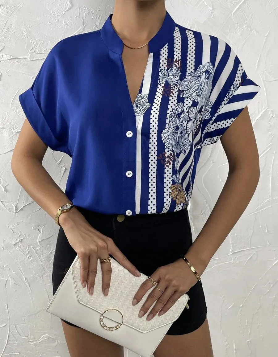 Color-Block Floral Print Button Cardigan Short Sleeve Shirt