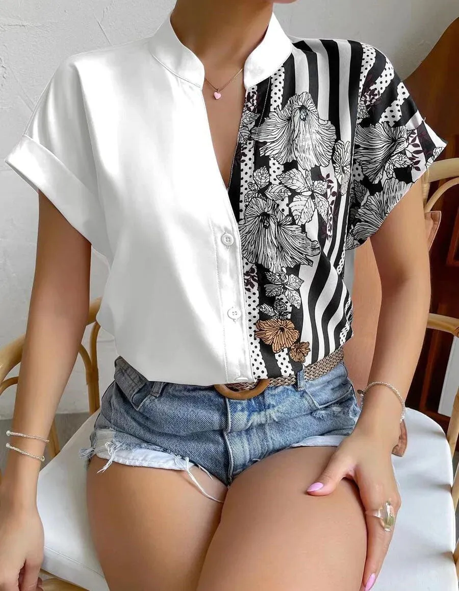 Color-Block Floral Print Button Cardigan Short Sleeve Shirt