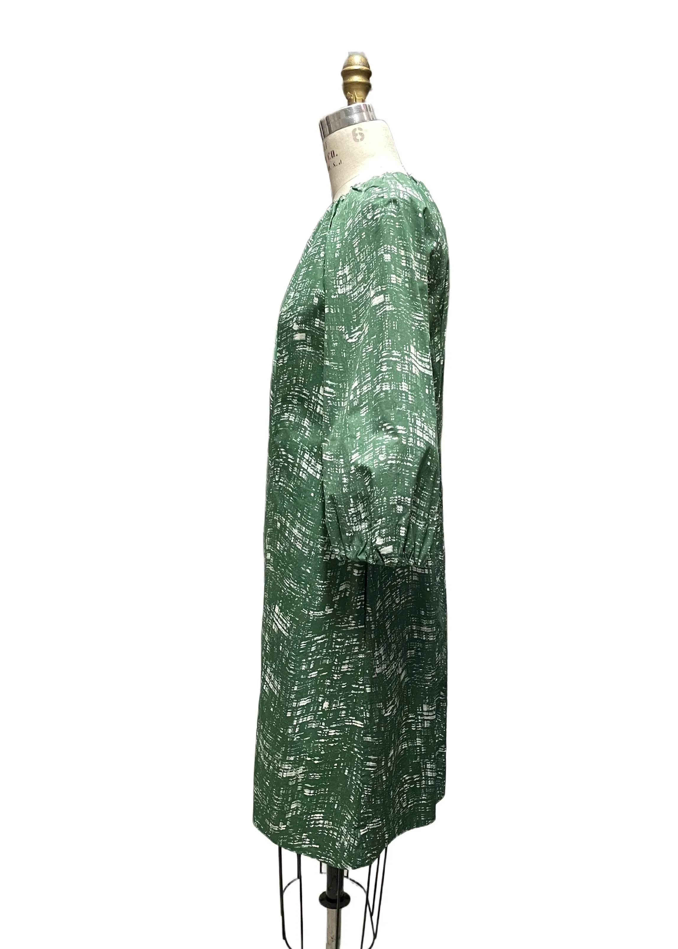 COS Women's green & white cotton cross hatch print sack dress w/ 3/4 length lantern sleeves, 4