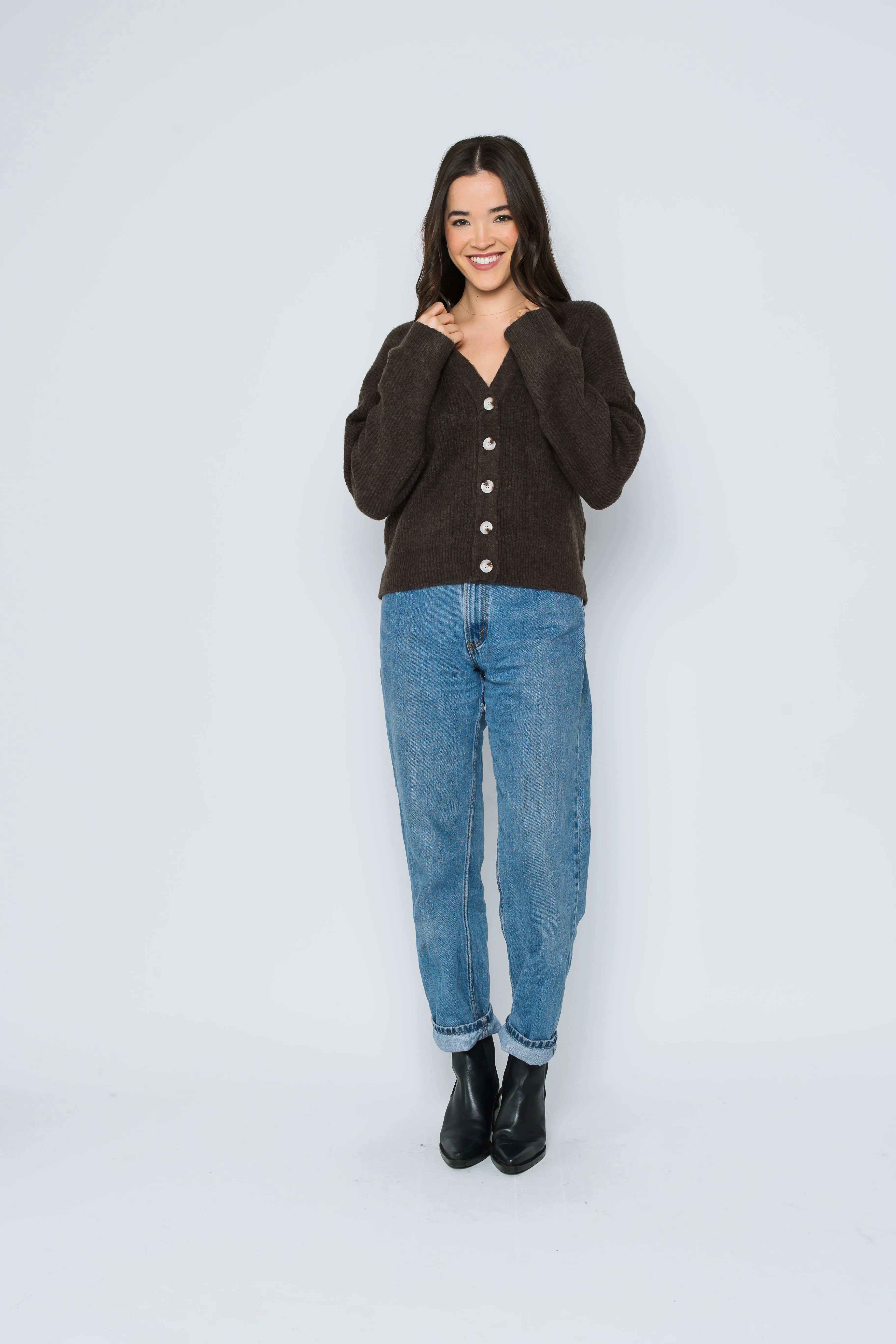 Crystal-Button Front Cardigan