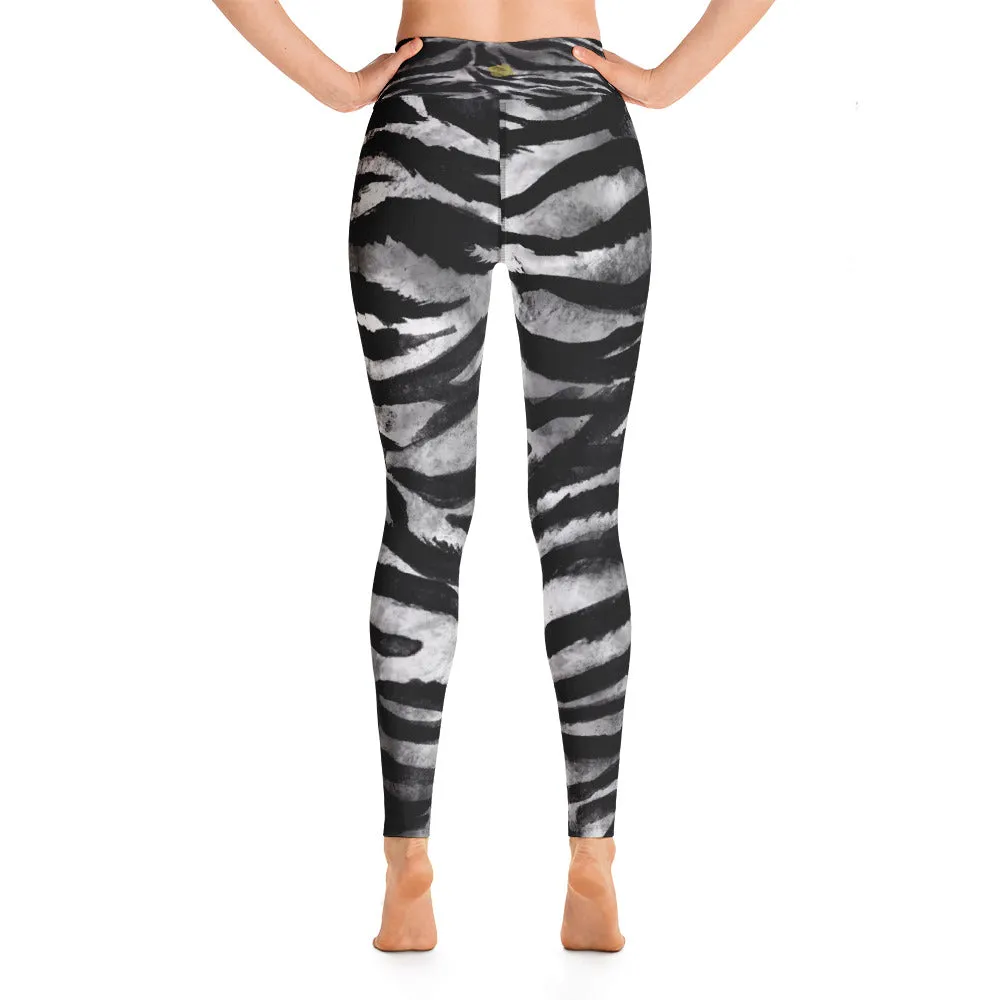 Gray Tiger Women's Yoga Leggings, Striped Long Animal Print Yoga Pants-Made in USA/EU