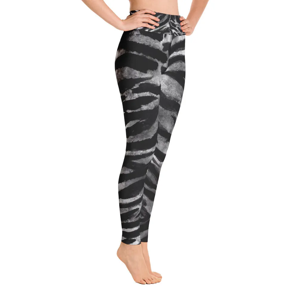 Gray Tiger Women's Yoga Leggings, Striped Long Animal Print Yoga Pants-Made in USA/EU