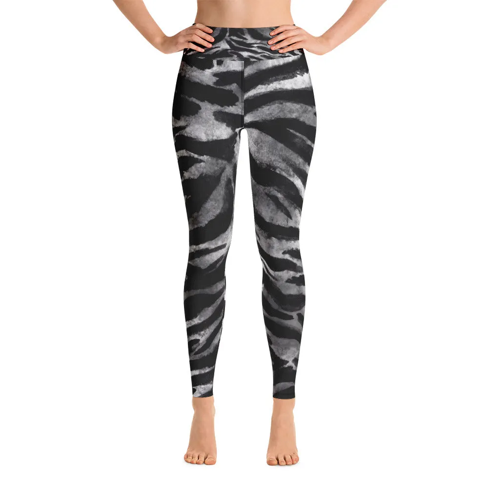 Gray Tiger Women's Yoga Leggings, Striped Long Animal Print Yoga Pants-Made in USA/EU