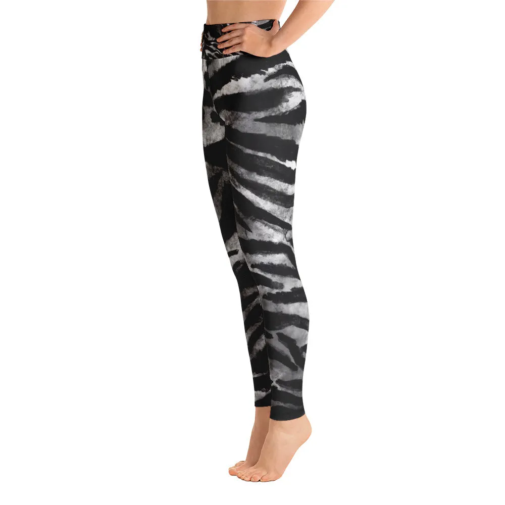 Gray Tiger Women's Yoga Leggings, Striped Long Animal Print Yoga Pants-Made in USA/EU
