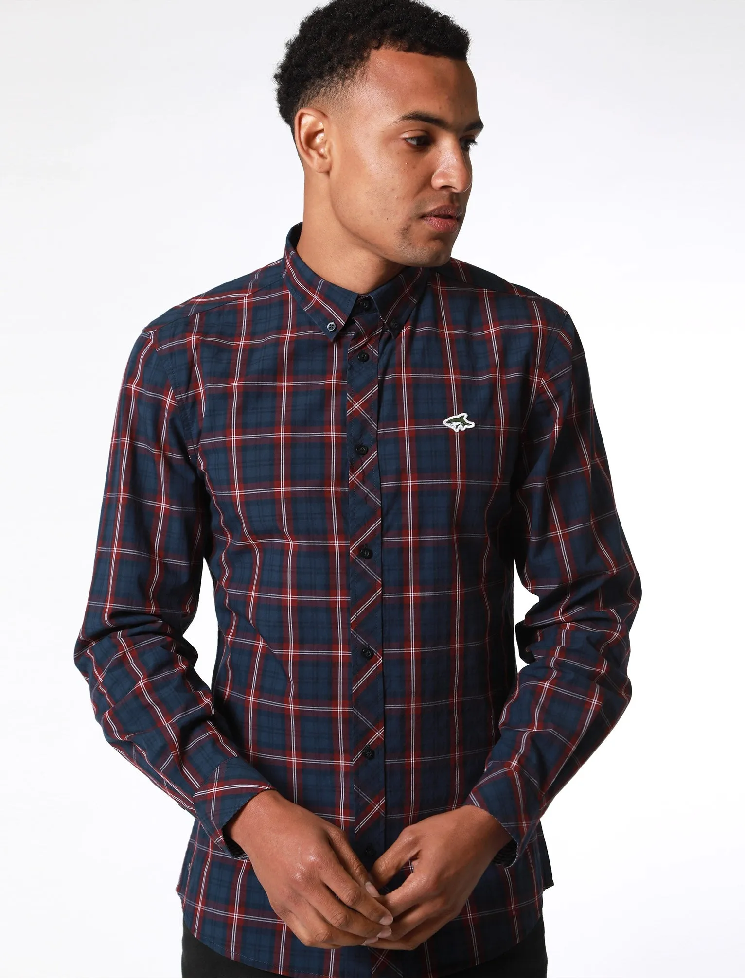 Halton Checked Cotton Long Sleeve Shirt In Tawny Port - Le Shark